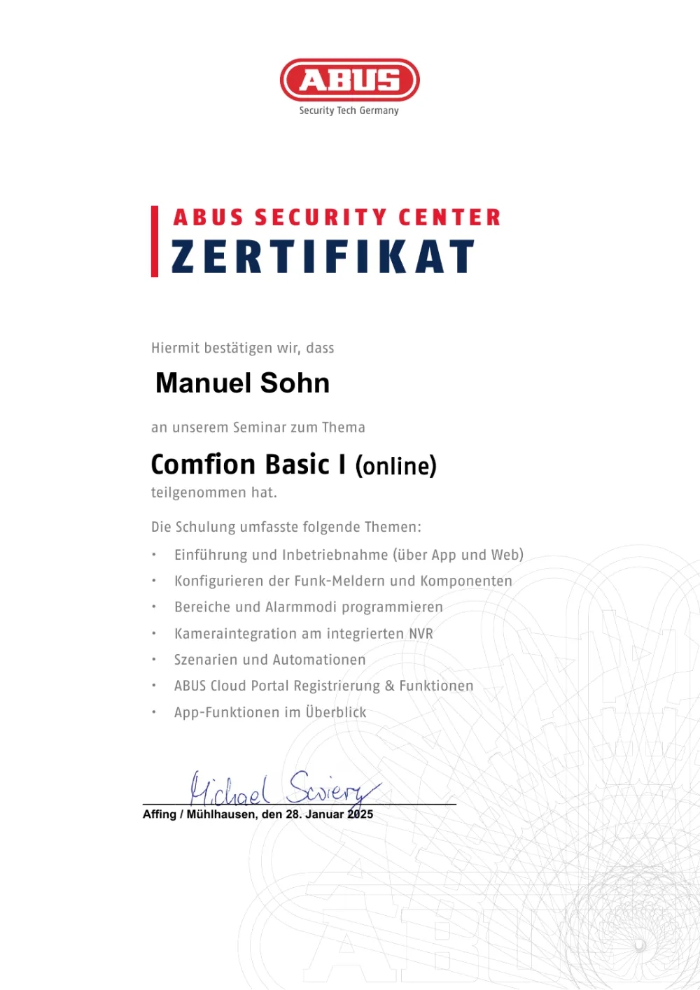 ABUS Security Center Zertifikat Comfion Basic I für Manuel Sohn, Sohn Sicherheitssysteme