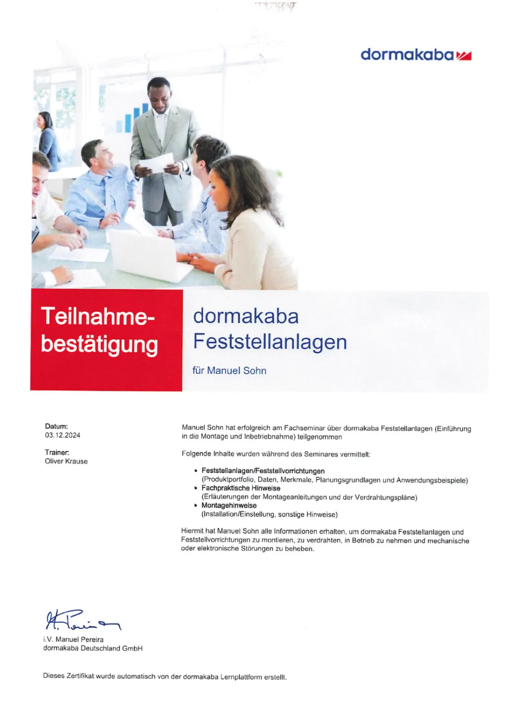 dormakaba Feststellanlagen Teilnahmebestätigung für Manuel Sohn, Sohn Sicherheitssysteme