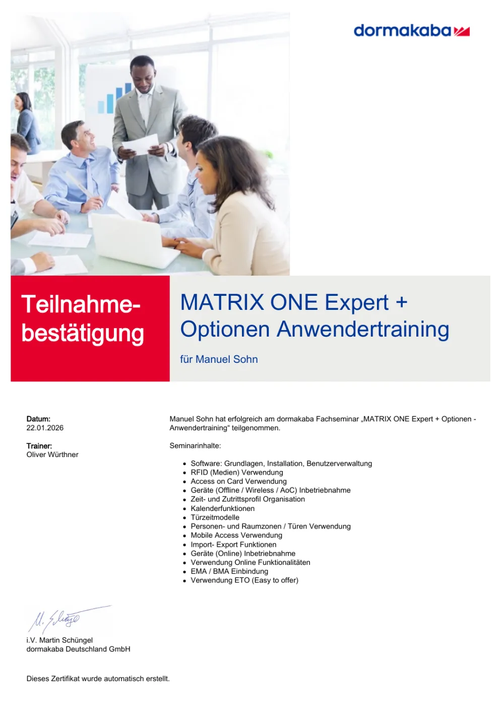 dormakaba MATRIX ONE Expert Teilnahmebestätigung für Manuel Sohn, Sohn Sicherheitssysteme