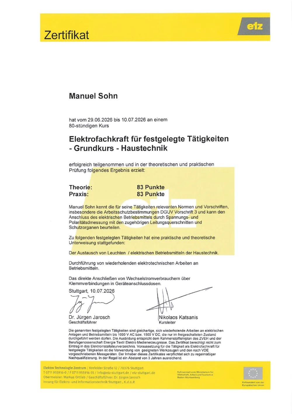 Zertifikat Elektrofachkraft für festgelegte Tätigkeiten, Grundkurs Haustechnik, für Manuel Sohn, Sohn Sicherheitssysteme